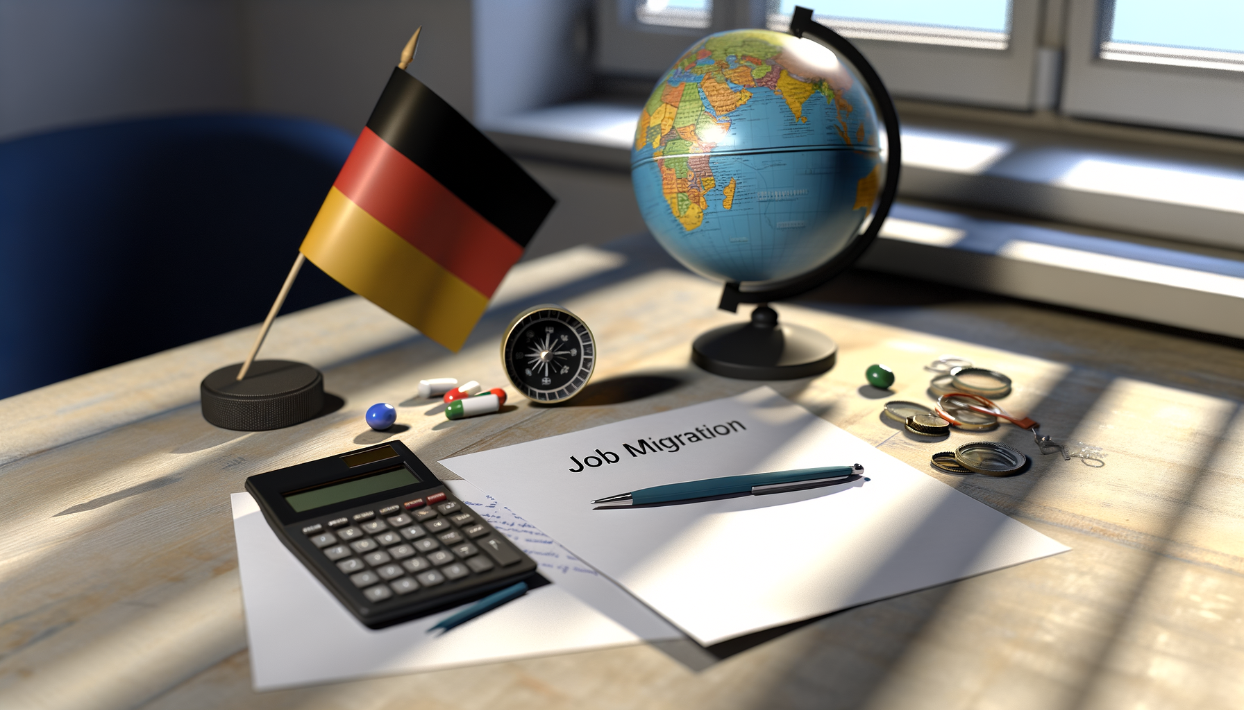 Nahaufnahme eines Stilllebens mit Kompass, Globus und deutschen Dokumenten für Fachkräfte