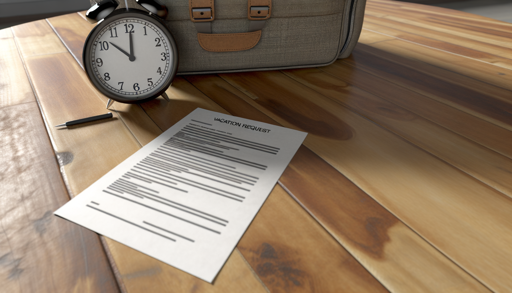 Nahaufnahme eines Kalenders, Urlaubsantragsformularen und einer Reisetasche auf einem Holztisch