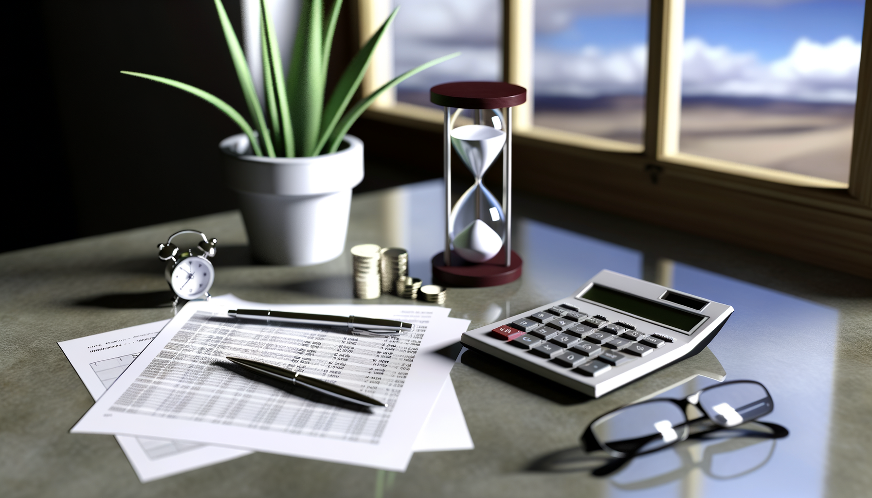 Nahaufnahme eines Schreibtischs mit Finanzdokumenten, einem Taschenrechner und einer Pflanzen