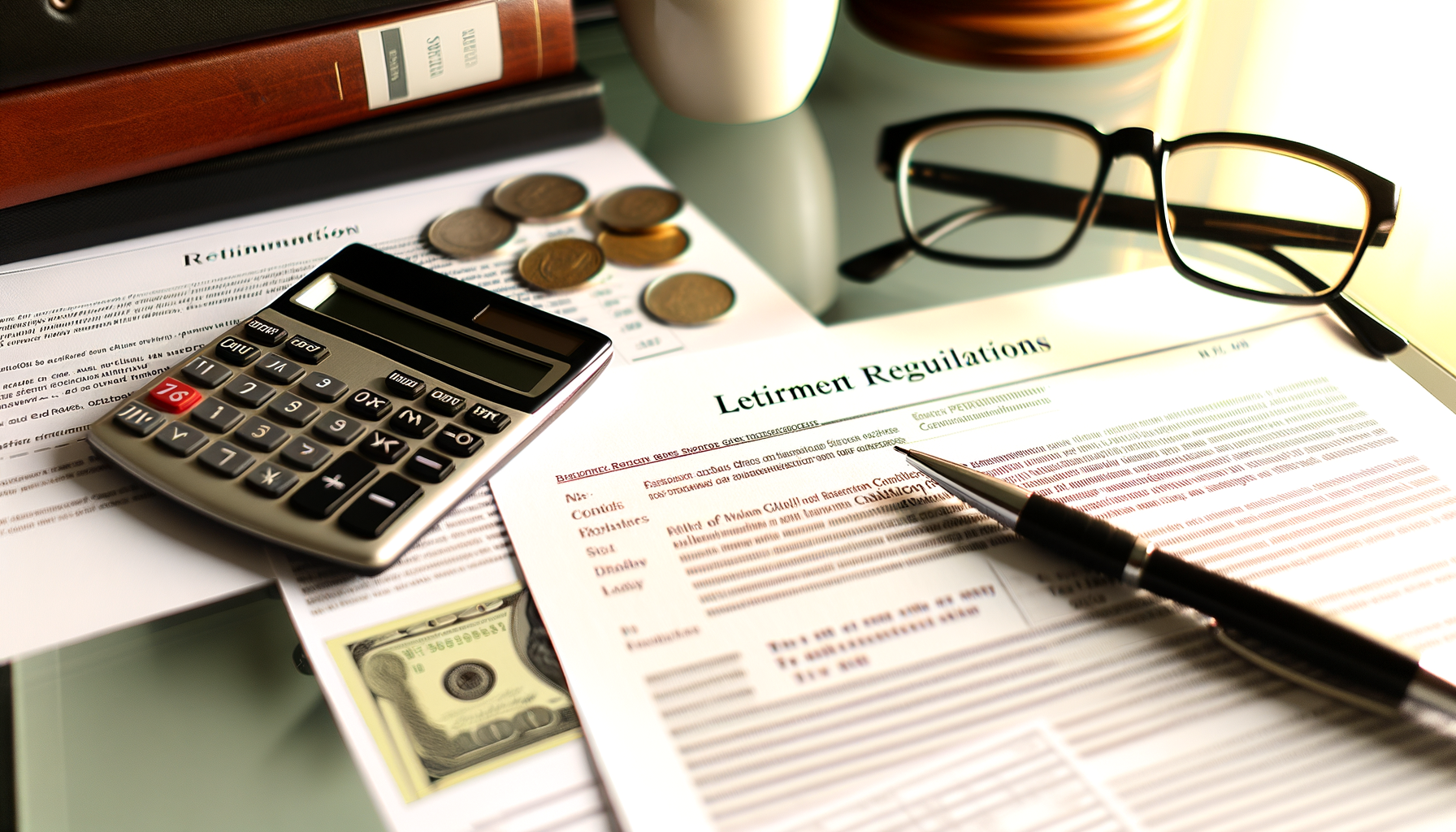 Detailaufnahme von Rechtsdokumenten und einem Taschenrechner auf einem Tisch