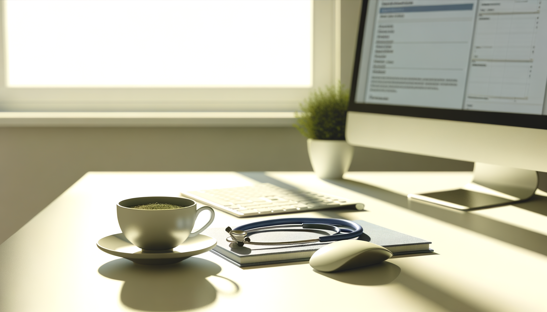 Nahaufnahme eines Schreibtischs mit Planer, Teetasse, Stethoskop und Computermaus.