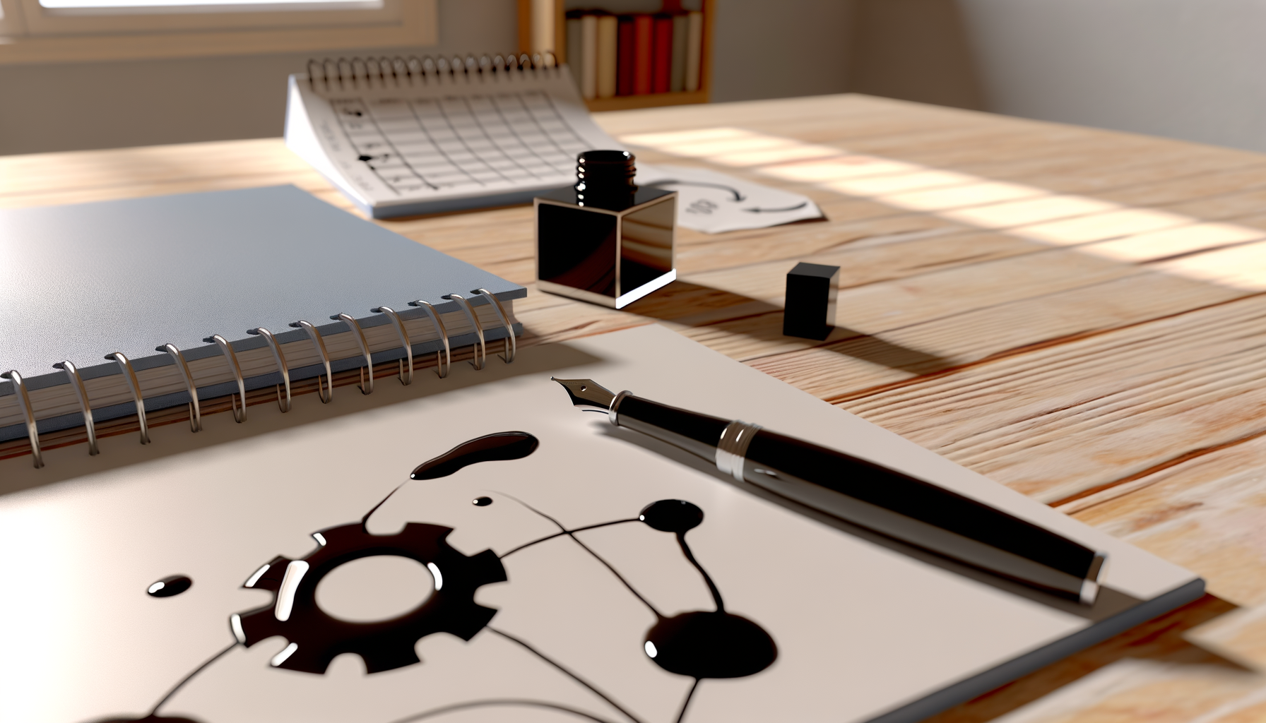 Nahaufnahme von einem Notizbuch mit einem Füllfederhalter und Tinte