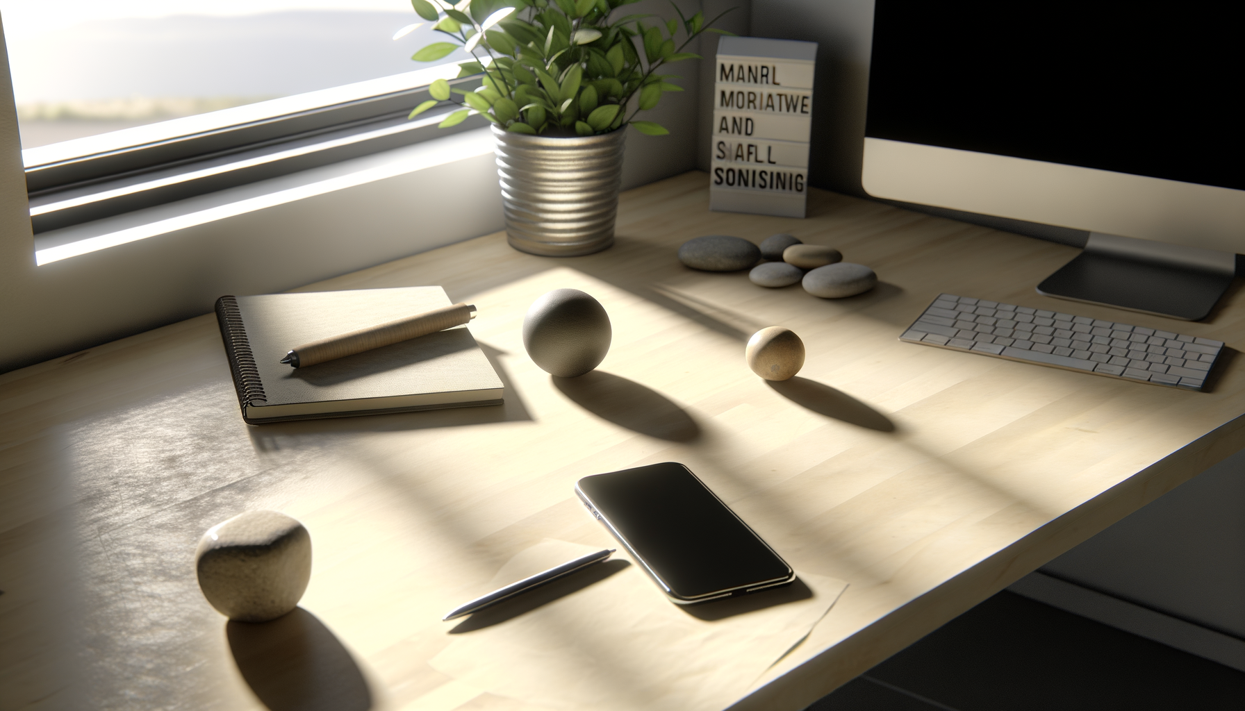 Ein ruhiger Arbeitsplatz mit einem aufgeräumten Schreibtisch, einem Notizbuch und einer Pflanze
