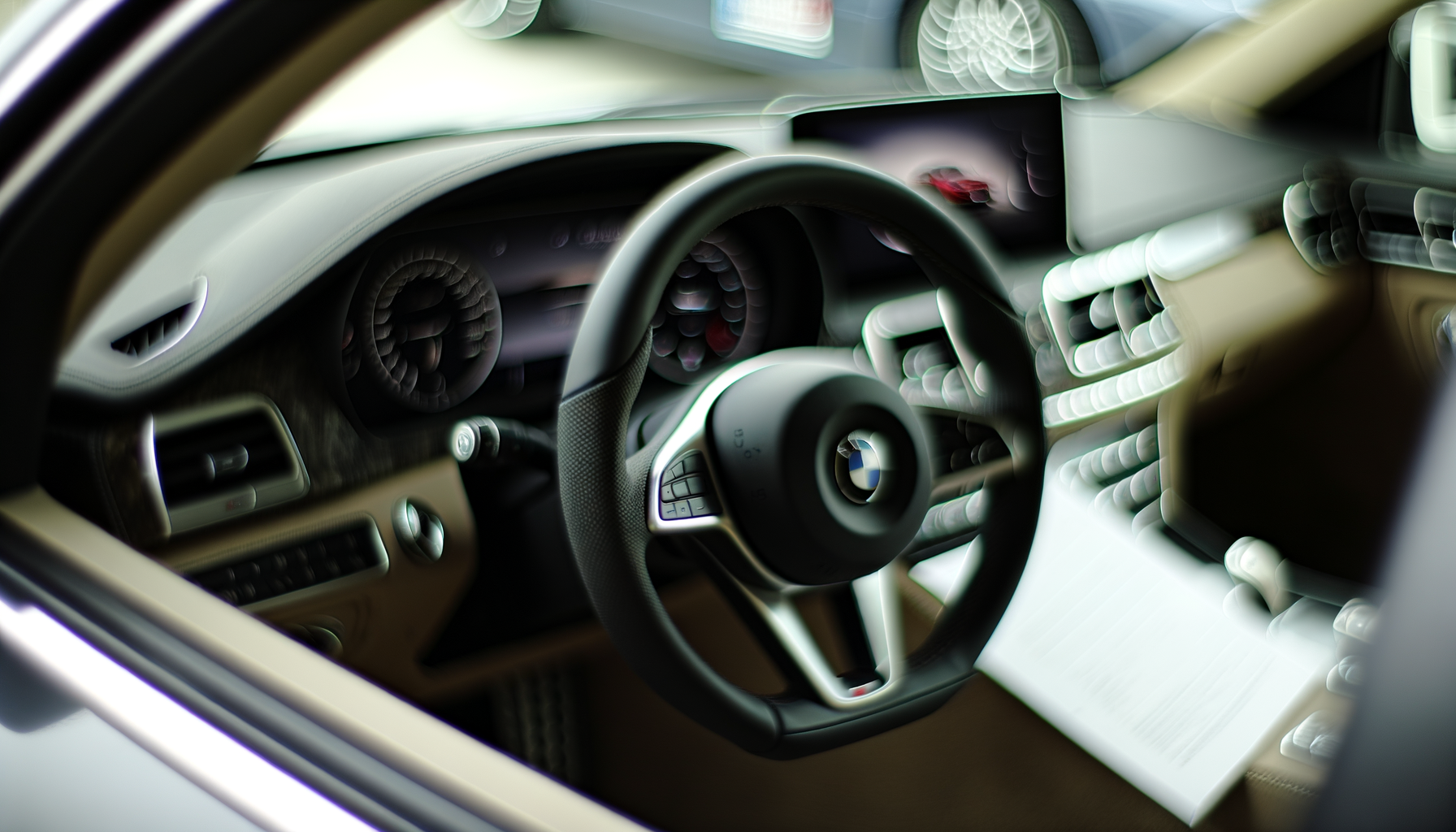 Nahaufnahme eines luxuriösen Lenkrads und Armaturenbretts eines Fahrzeugs