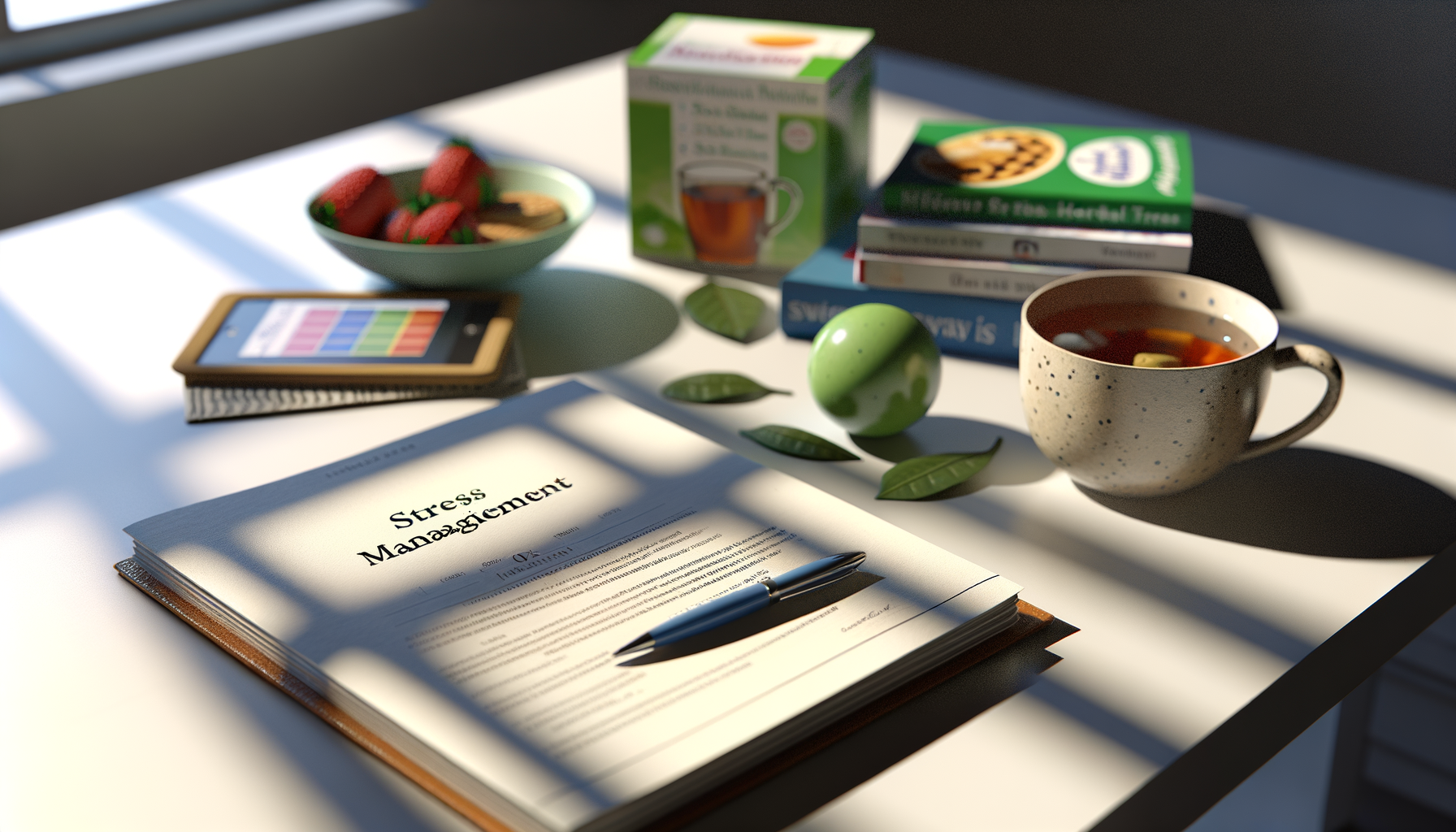 Ein professioneller Arbeitsplatz mit einem Planer, Kräutertee und Snacks zur Stressbewältigung