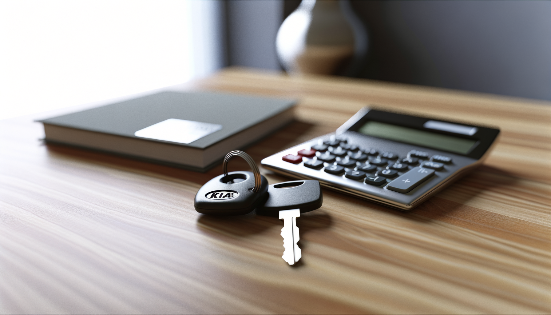 Nahaufnahme eines Autoschlüssels und eines Rechners auf einem Holztisch