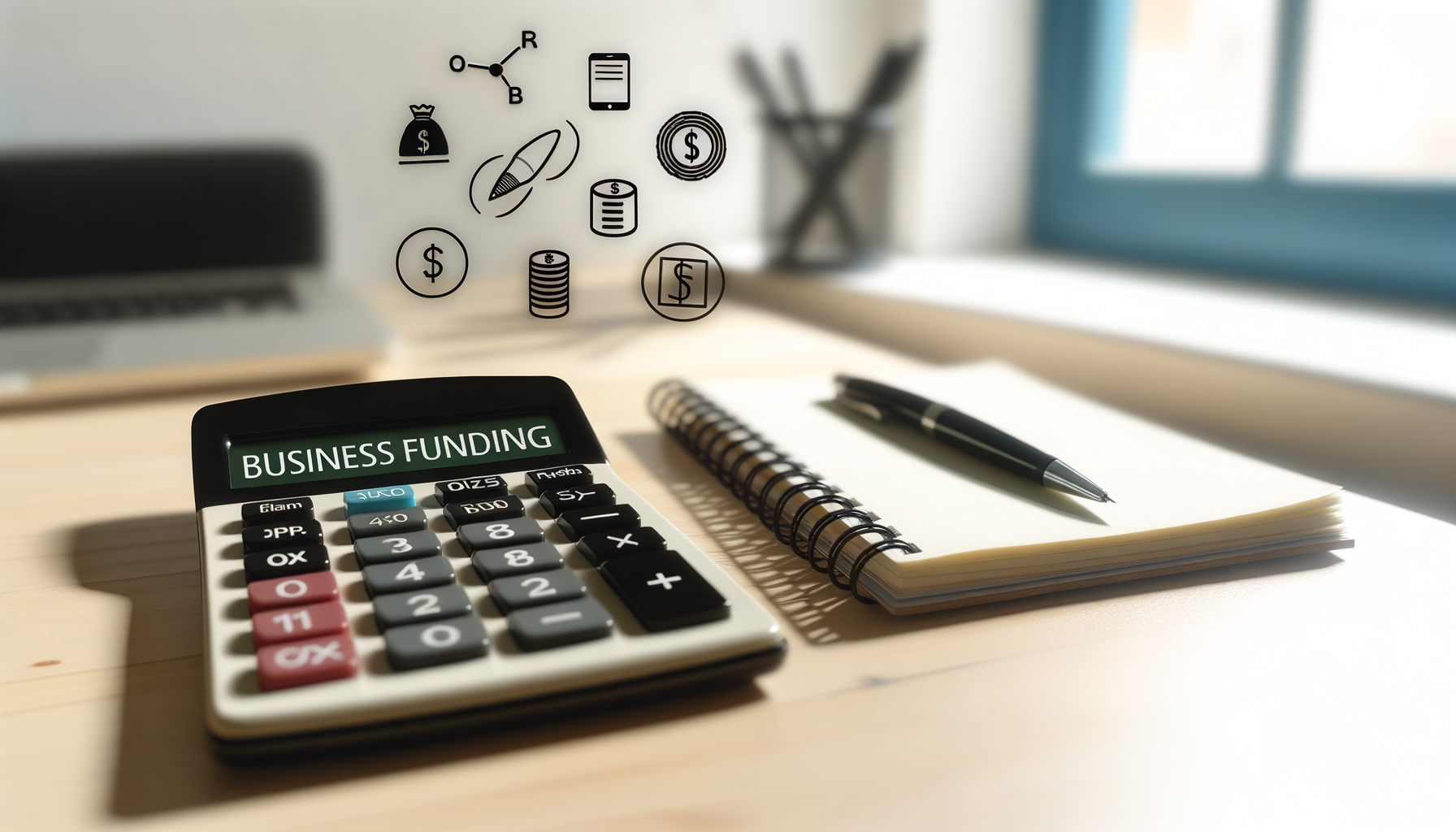 Schreibtisch mit Taschenrechner, Notizblock und Finanzsymbolen zur Fördermittelbewertung