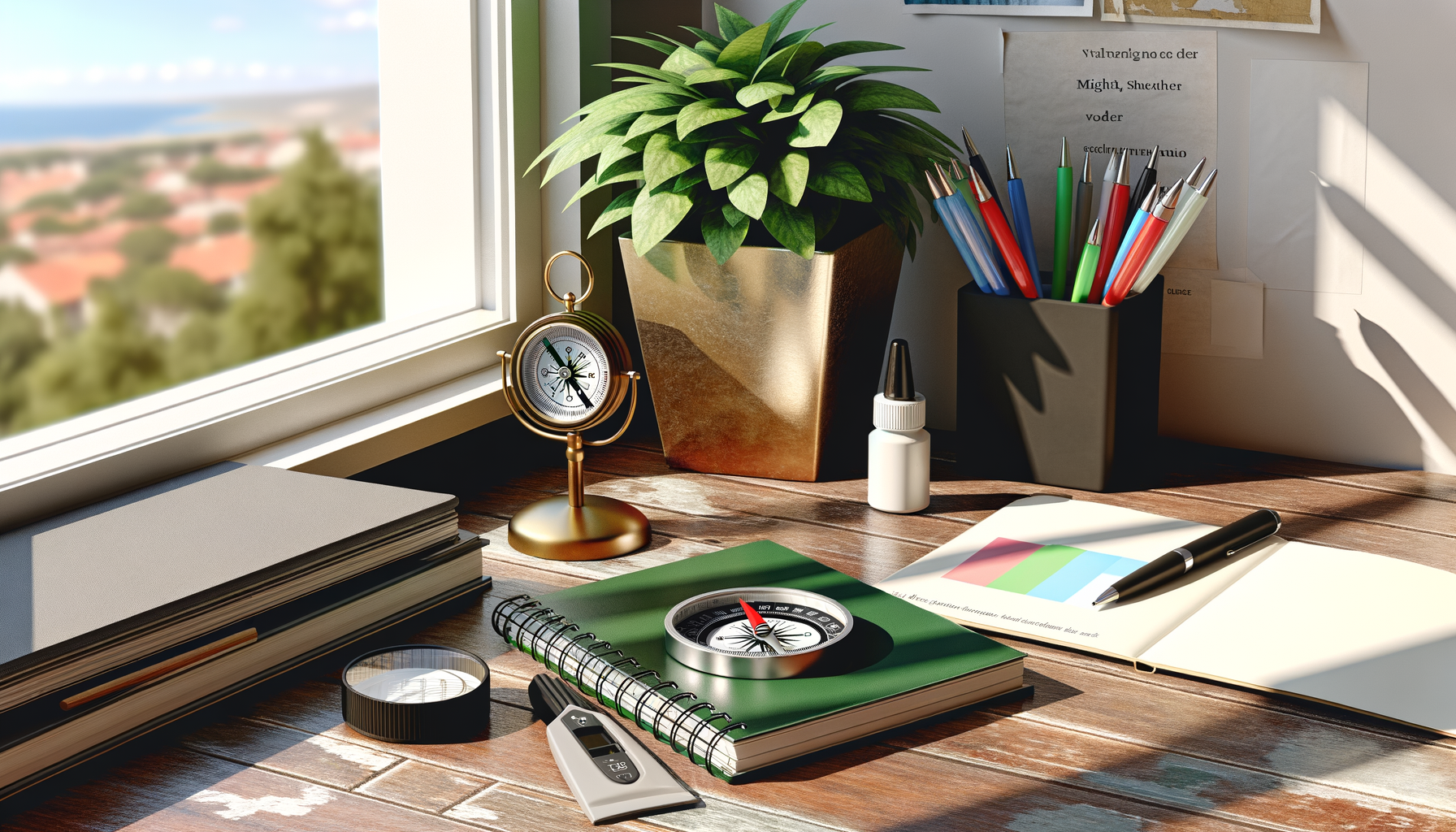 Nahaufnahme eines Schreibtisches mit Notizbuch, Kompass und Büromaterialien für Quereinsteiger