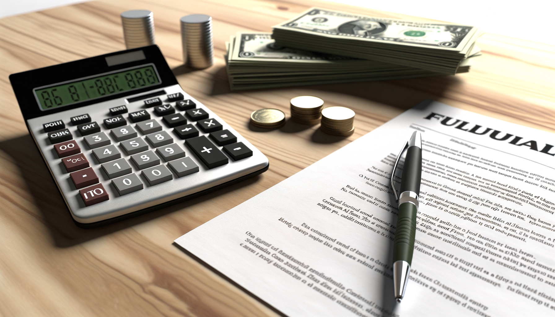 Nahaufnahme von einem Taschenrechner und Rechnungen auf einem Holzschreibtisch