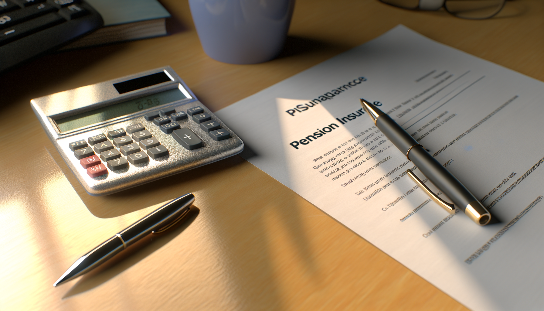 Nahaufnahme eines Schreibtisches mit Taschenrechner, Stift, Formular zur Rentenversicherung und Laptop