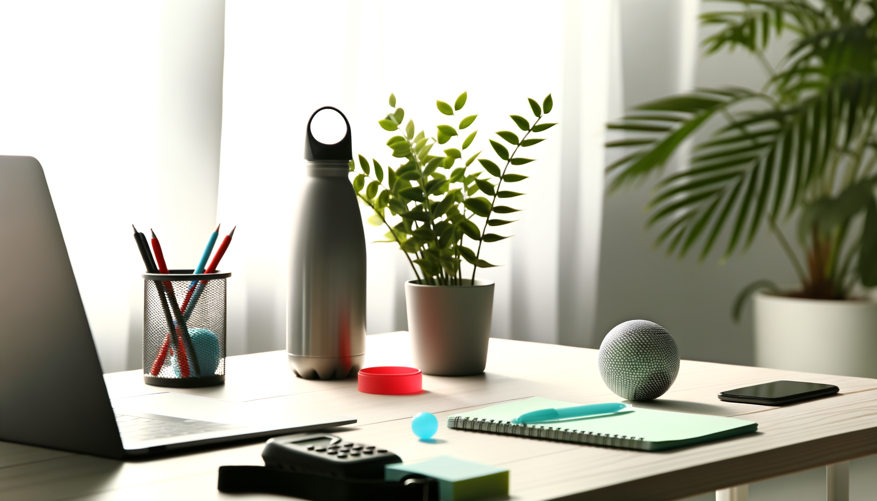 Ein ruhiger Arbeitsplatz mit Pflanzen, Wasserflasche, Stressball und Notizblock zur Stressbewältigung