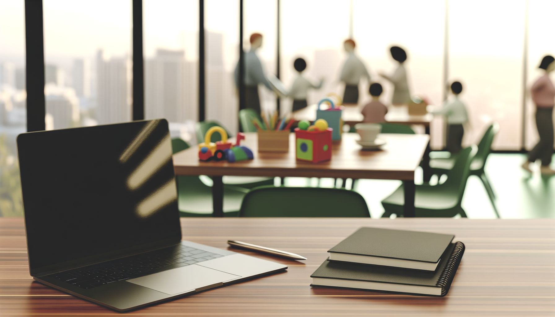 Büro mit kindersicheren Spielbereichen und flexiblen Arbeitsmitteln