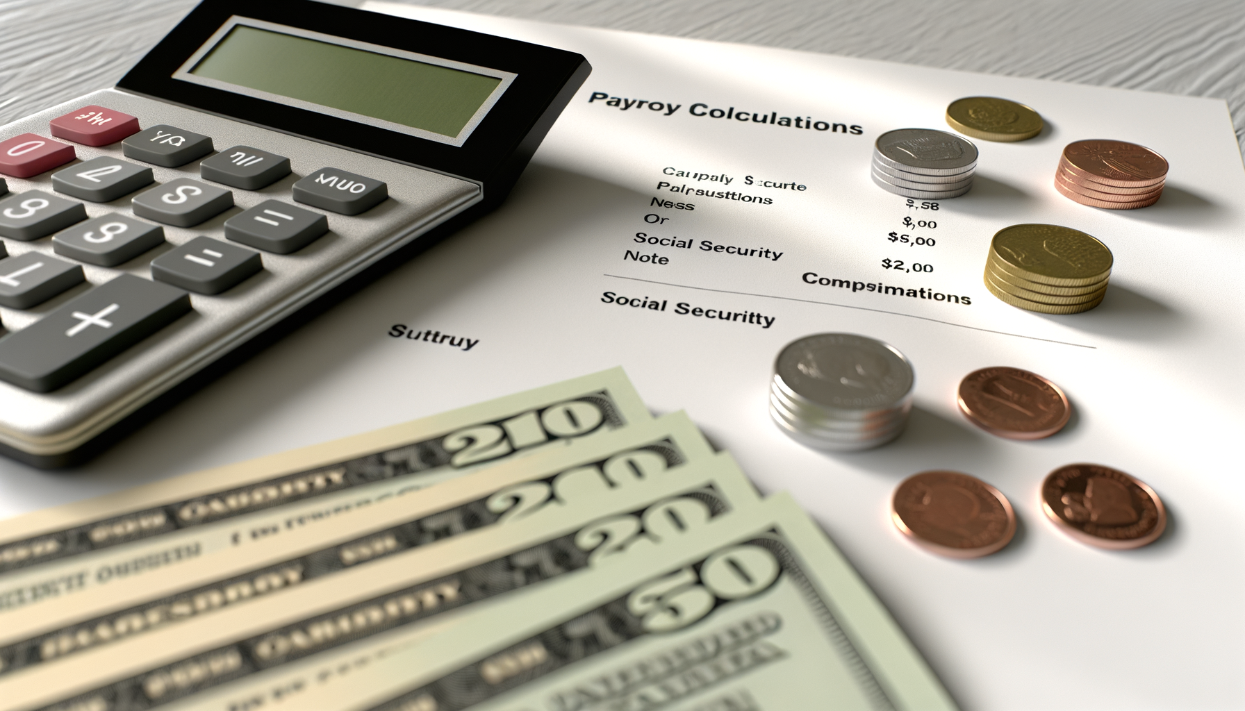 Detaillierte Aufnahme von Finanzdokumenten und einem Taschenrechner zur Gehaltsabrechnung