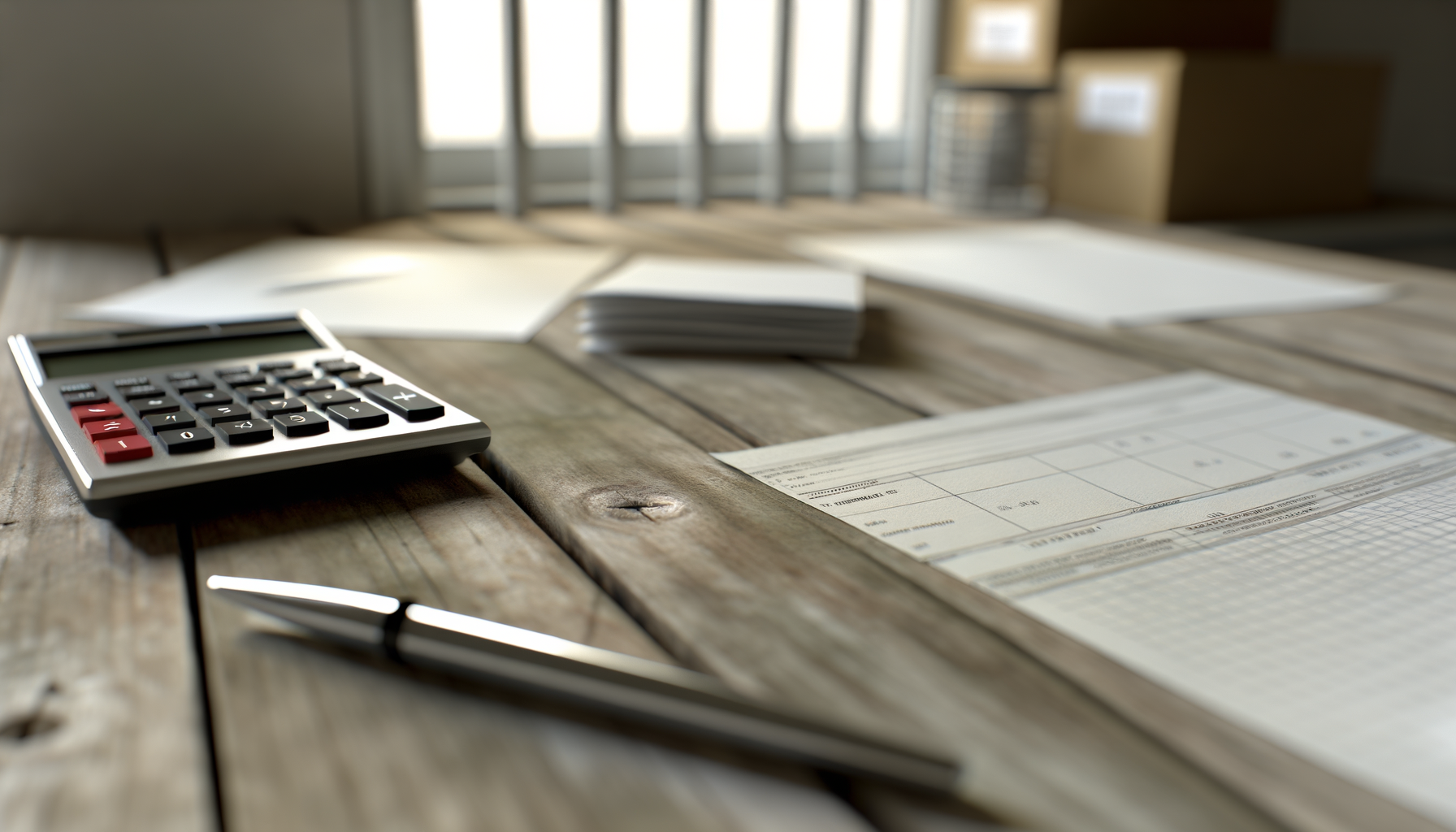 Nahaufnahme von Büromaterialien wie Taschenrechner, Formularen und Stift auf einem Holzschreibtisch