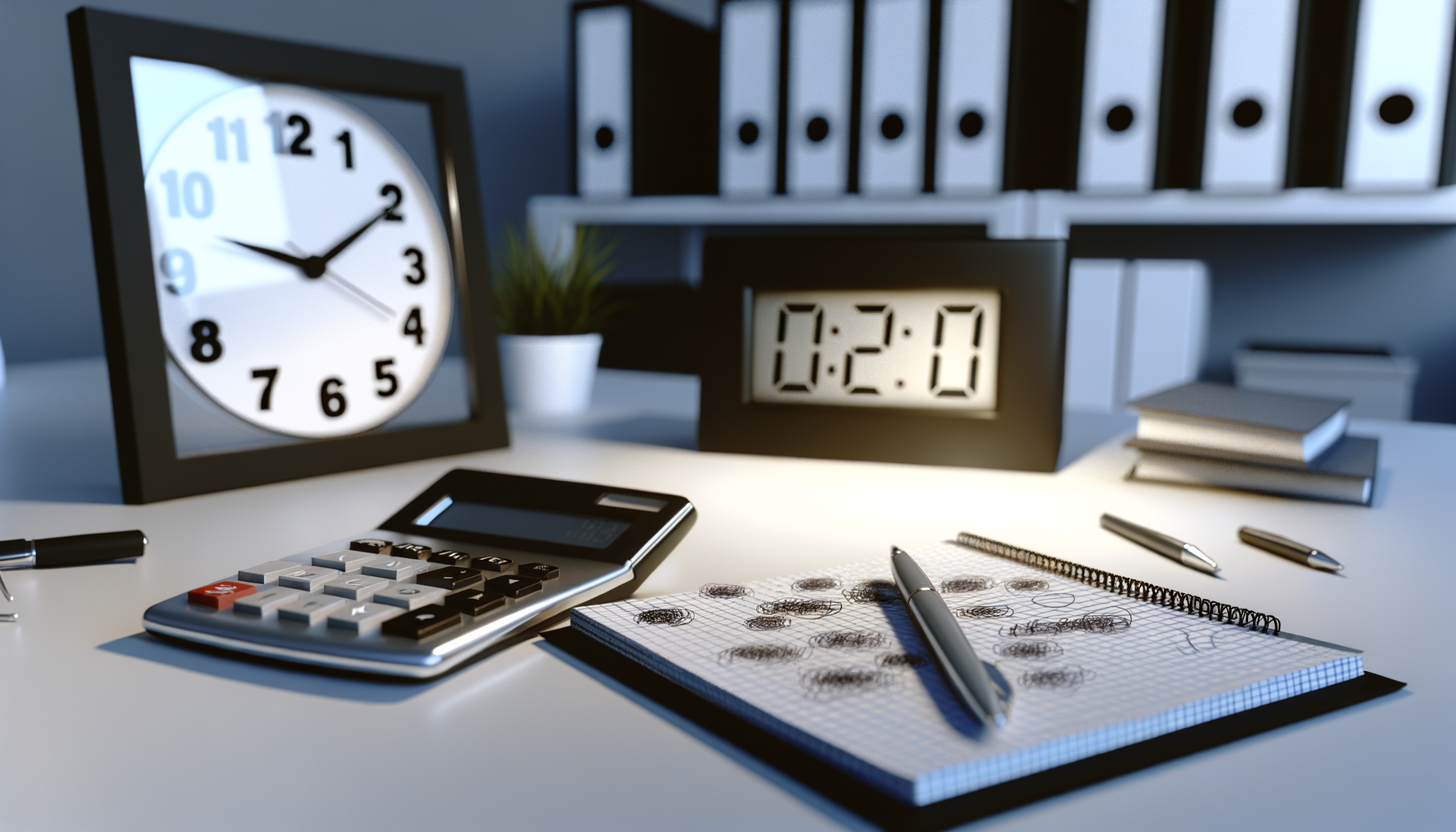 Ein Schreibtisch mit Taschenrechner, Uhr und Notizen zu Überstunden