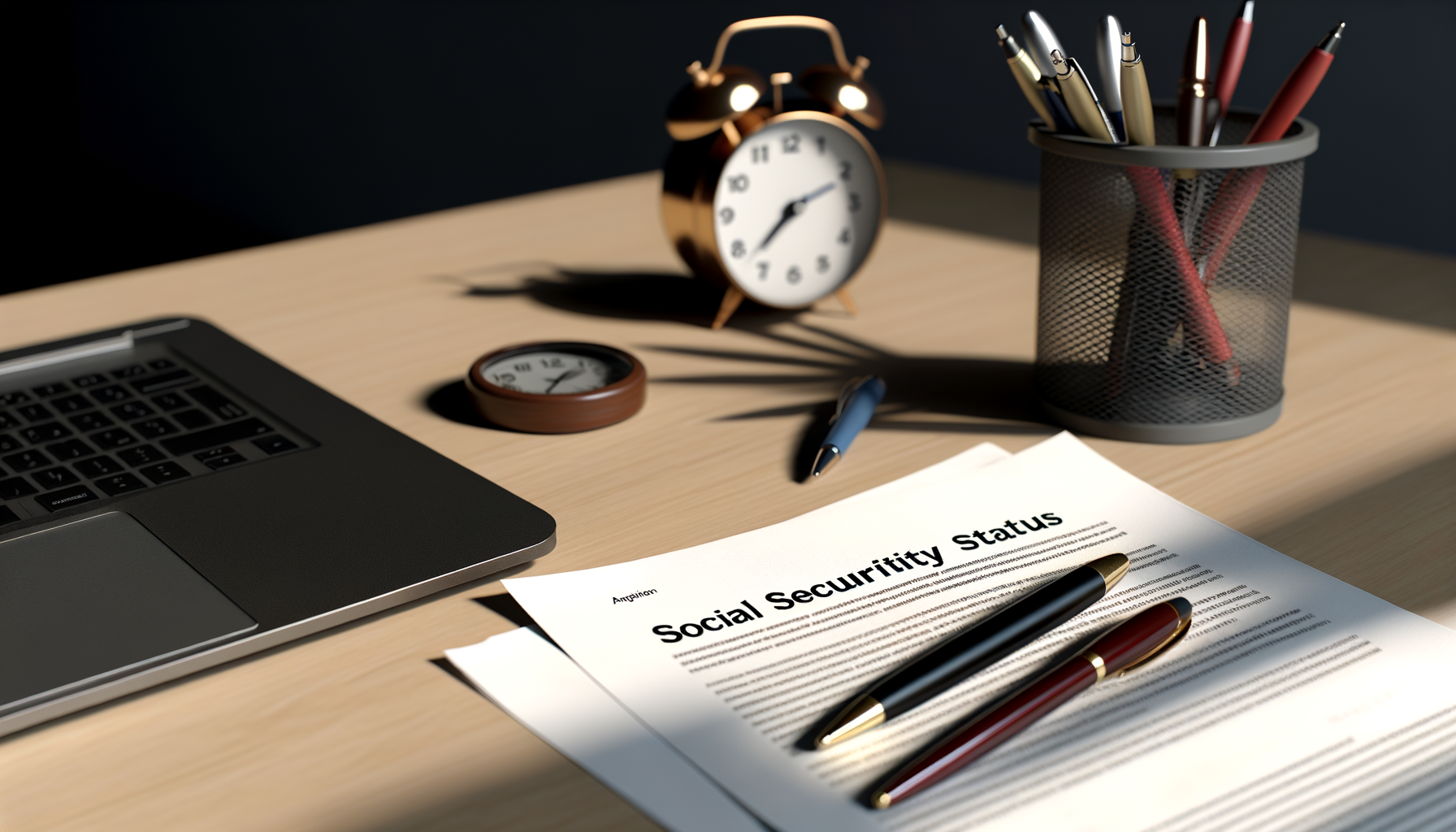 Nahaufnahme eines Schreibtischs mit rechtlichen Dokumenten, einem Stift und einem Laptop