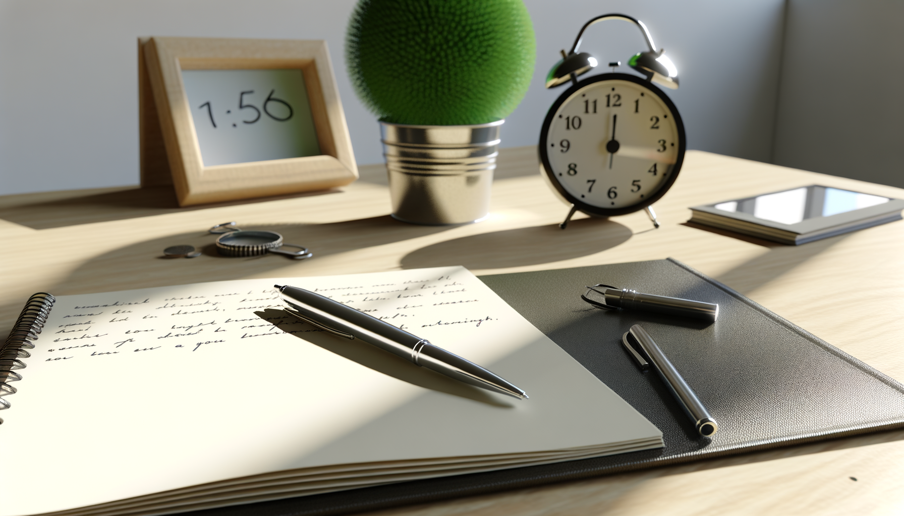 Nahaufnahme von Schulungsunterlagen und Uhr auf einem Tisch, die Flexibilität symbolisiert