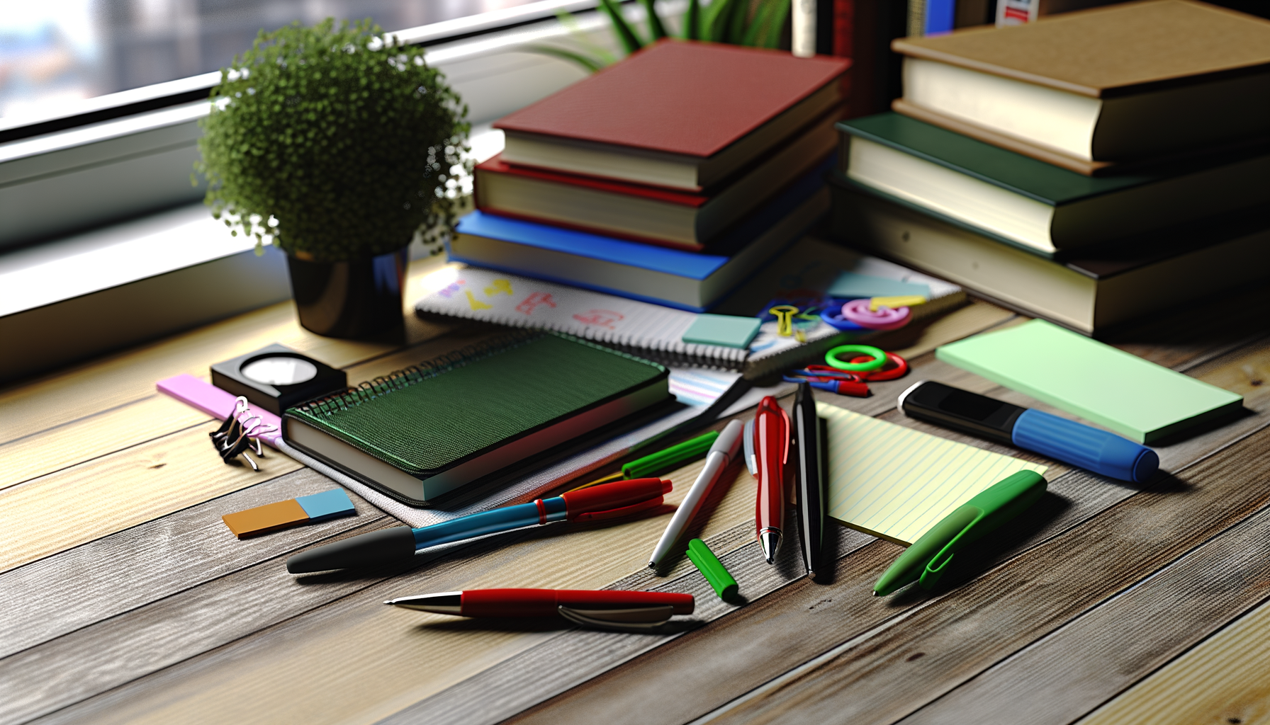 Nahaufnahme von Schulungsunterlagen auf einem Holztisch mit Pflanzen