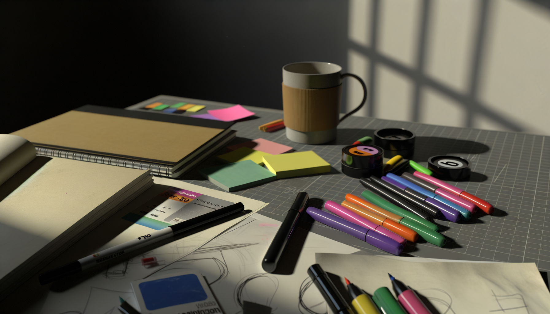 Ein Schreibtisch mit Designwerkzeugen wie Skizzenbüchern, Markern und einem Laptop