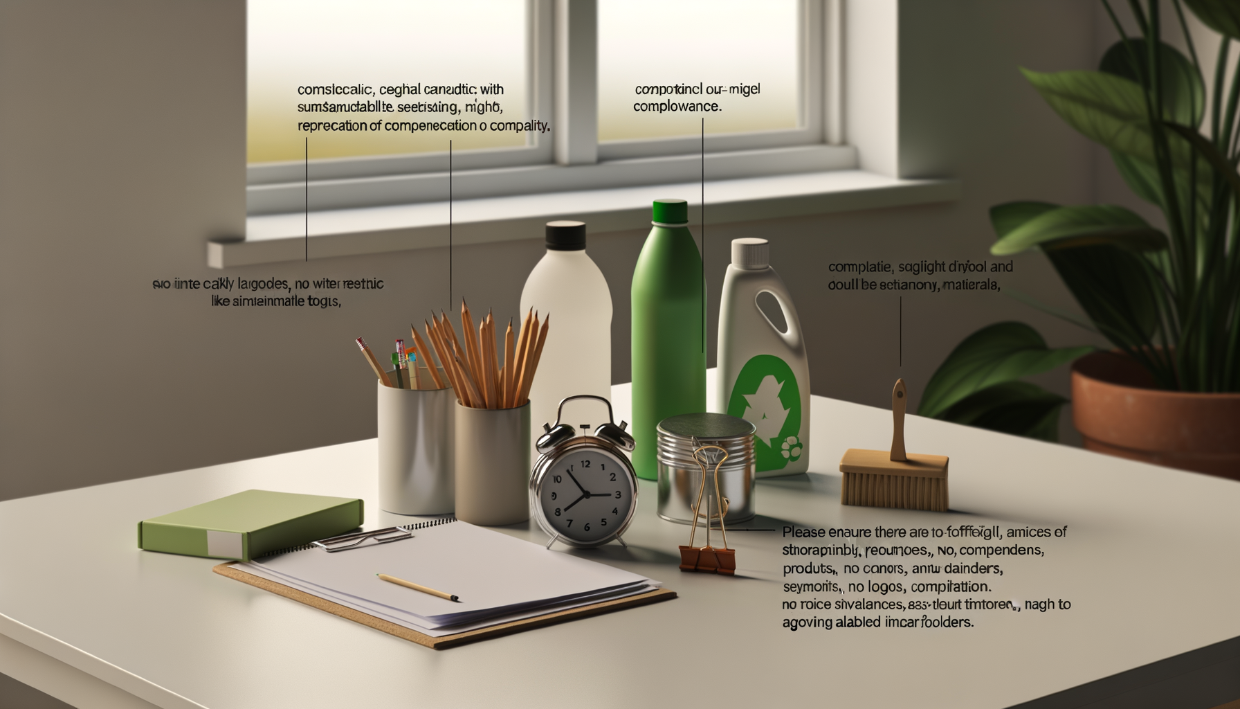 Nahaufnahme eines Stilllebens mit umweltfreundlichen Produkten und Symbolen für Nachhaltigkeit