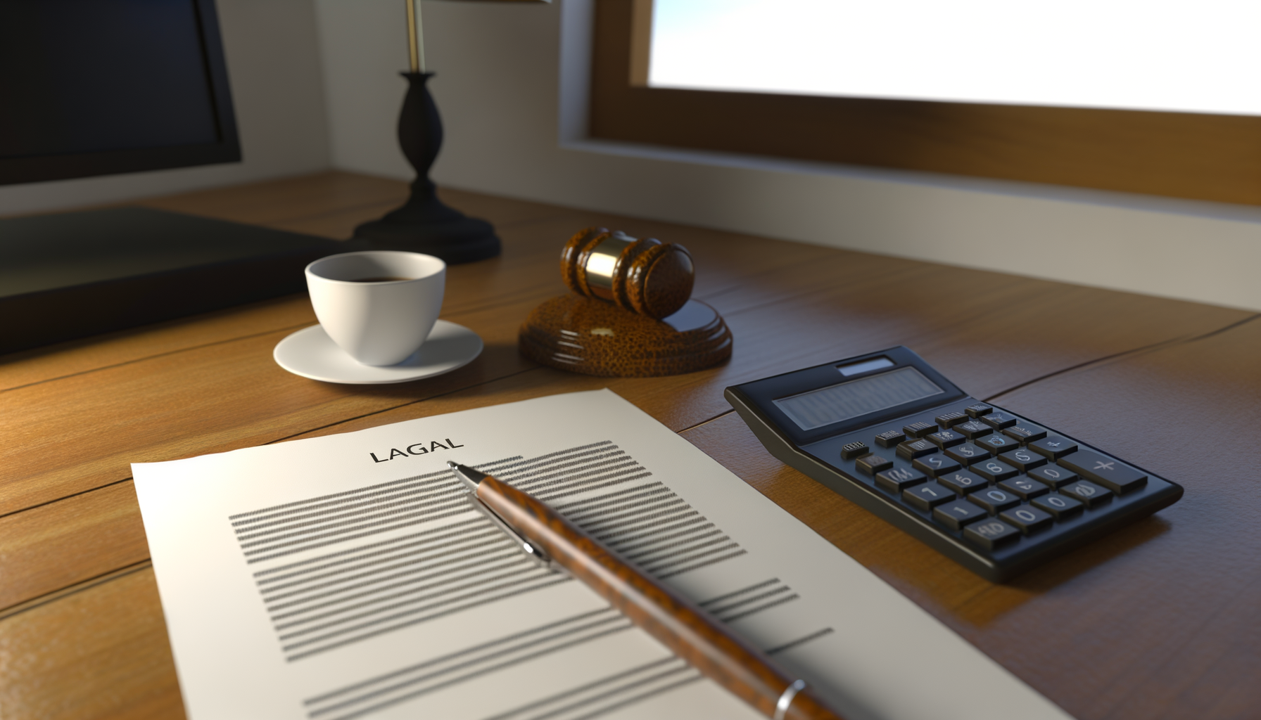 Nahaufnahme von rechtlichen Dokumenten und einem Taschenrechner auf einem Schreibtisch