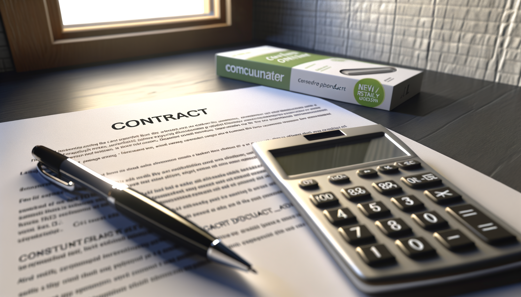 Nahaufnahme von Vertragsdokumenten, einem Kalender und umweltfreundlichen Produkten auf einem Tisch