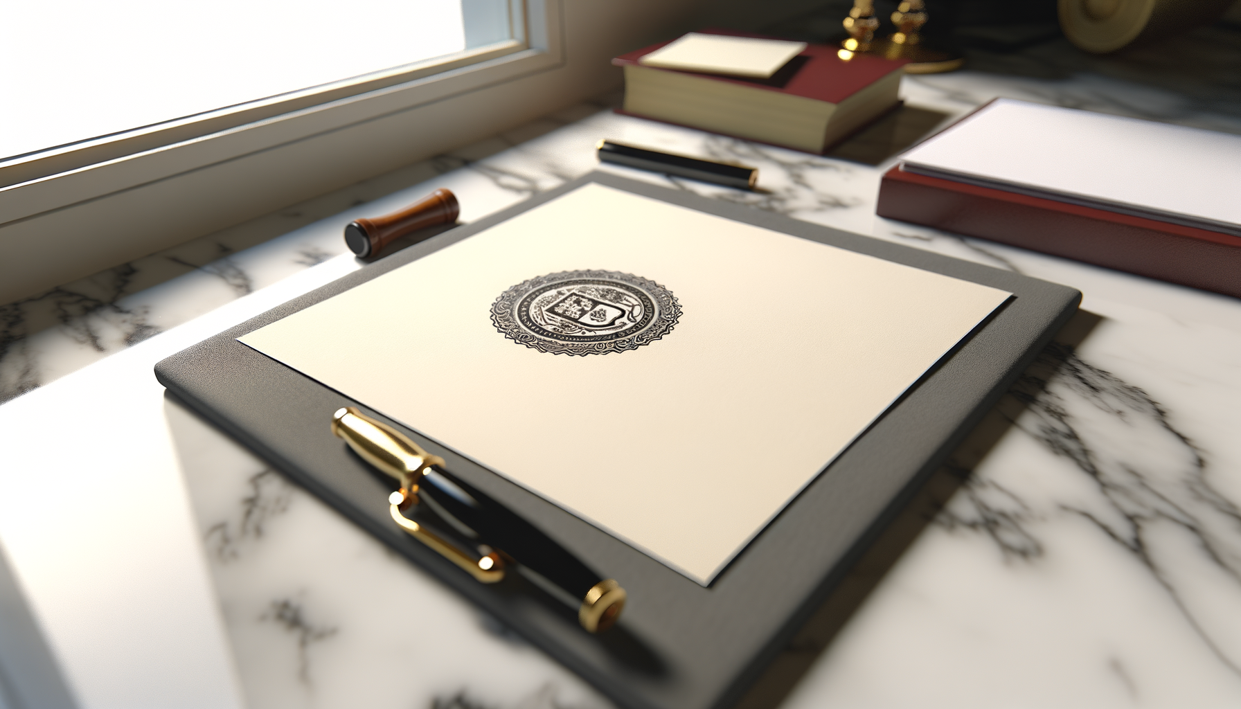 Nahaufnahme eines formellen Briefes mit offiziellem Siegel auf einem Schreibtisch